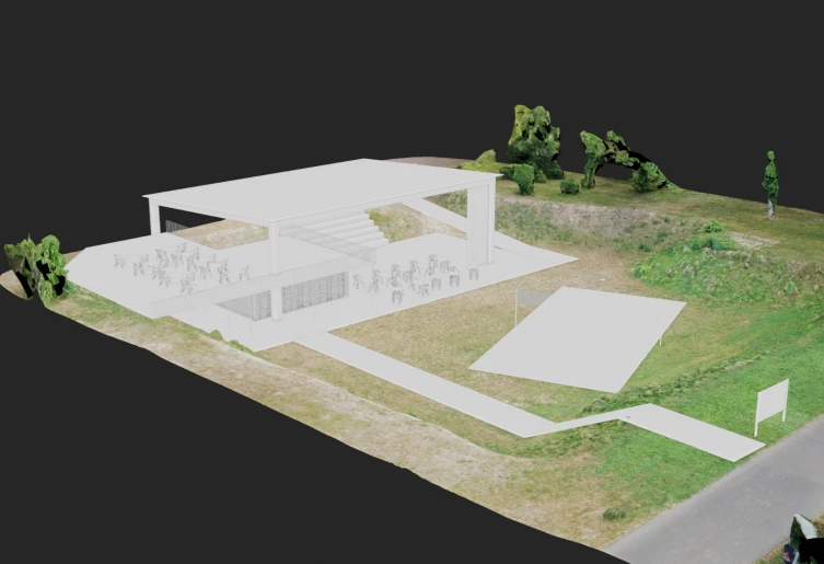 3D-Entwurf des Transfercampus an der Hochschule Karlsruhe, Perspektive des Pavillons auf dem Gelände